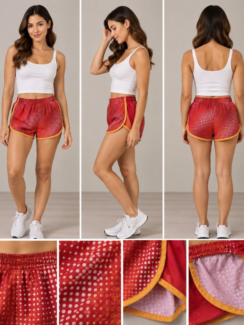 PONY Red Polka Dot Athletic Running Shorts Yellow Trim Size M